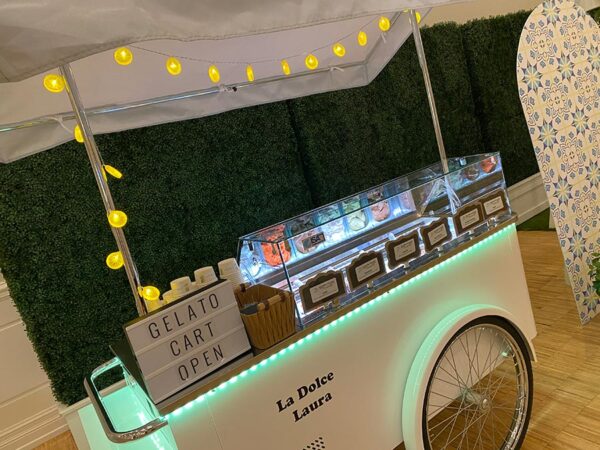 White Vintage Gelato Cart with lights and lemon theme